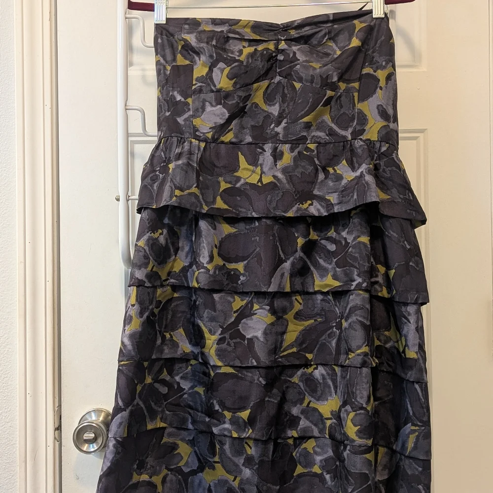 J. Crew Strapless Tiered Floral Dress In Purple And Yellow. 💯% Silk. Size 14.